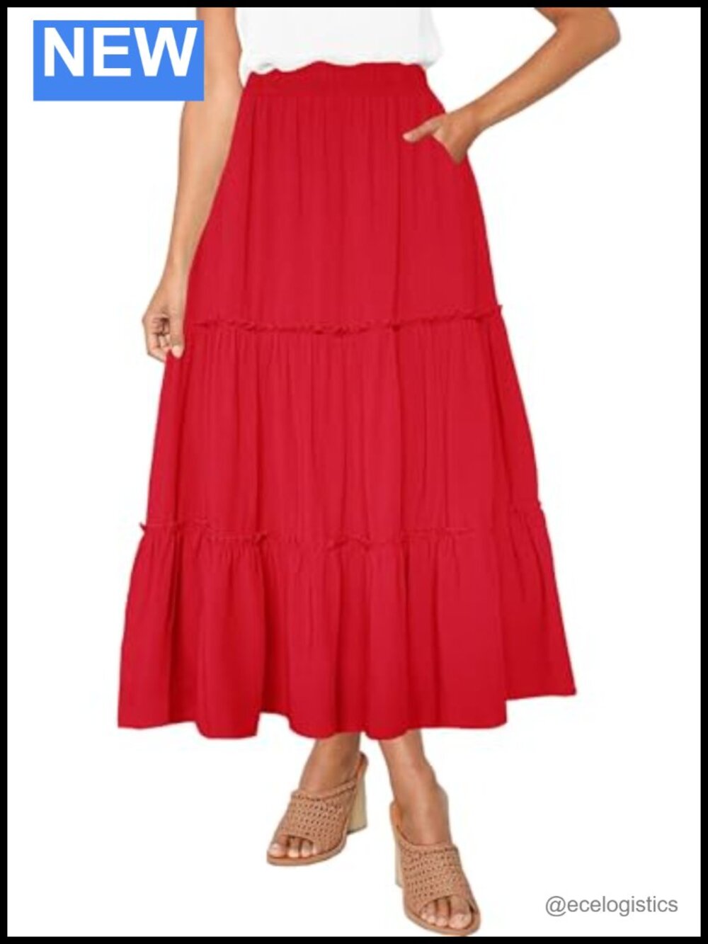 High Waist A-Line Ruffle Swing Long Maxi Skirt with Pockets